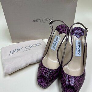 NEW JIMMY CHOO Womens Glossy ELAPHE Snakeskin Crown Peep Toe Pumps Orchid Size 6